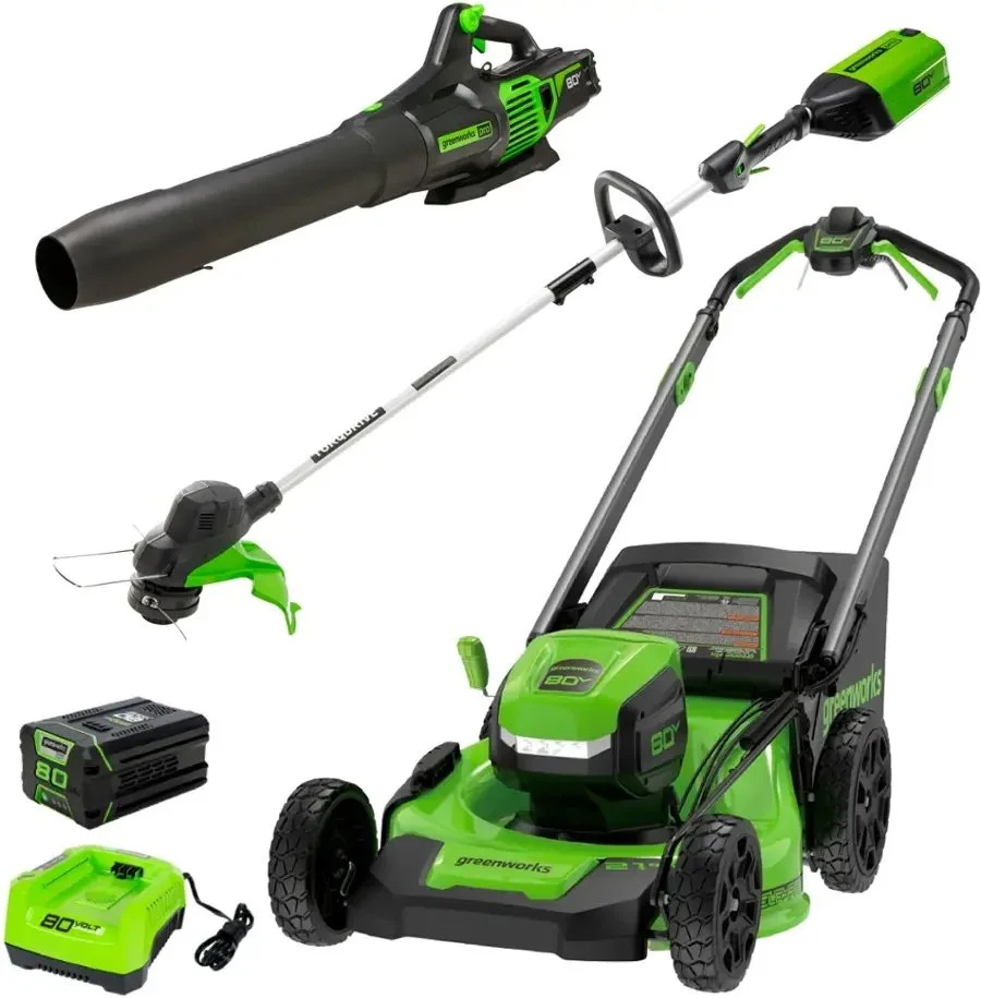 1-430-1-1.webp Greenworks 80V 21” Lawn Mower, 13” String Trimmer, and 730 Leaf Blowers. - Image 1